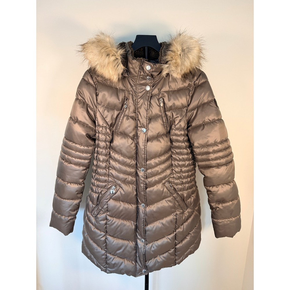Laundry by Shelli Segal Womens Puffer Coat Faux Fur Hood Bronze Brown Large